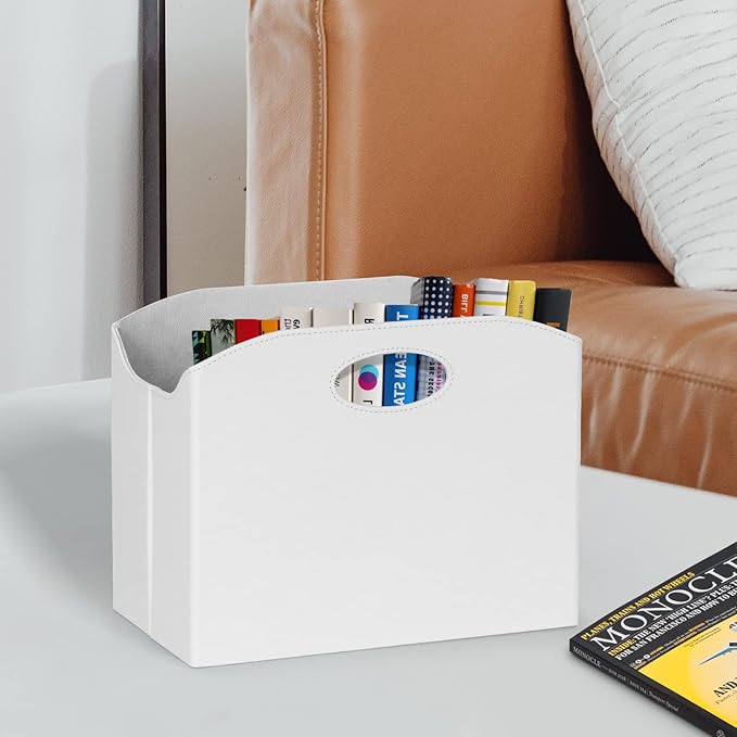 EZDeco Magazine Holder Foldable Magazine Rack Floor PU Leather File Holder Newspaper Book Storage Basket Document File Folder Organizer for Office Home (White-1)-DeskLoop Office