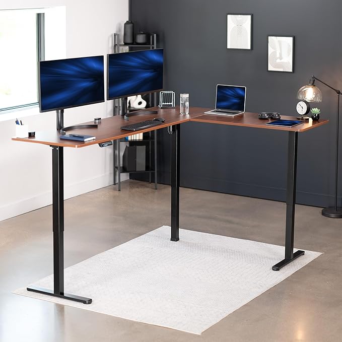 VIVO Electric Corner L-Shaped 84 x 63 in Standing Desk, Memory Height Adjustment, Dark Walnut Top Black Frame, DESK-E3CTBD-84-DeskLoop Office