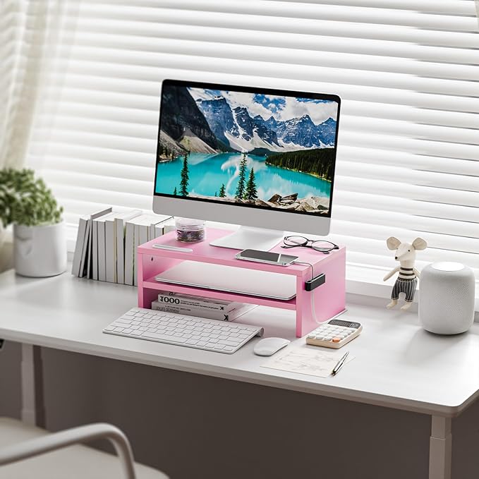 Marbrasse Monitor Stand Riser, 16.5 Inch 2 Tier Computer Printer Shelf Stand for Laptop Computer Screen Storage, Desktop Stand with Phone Holder and Cable Management (Pink)-DeskLoop Office