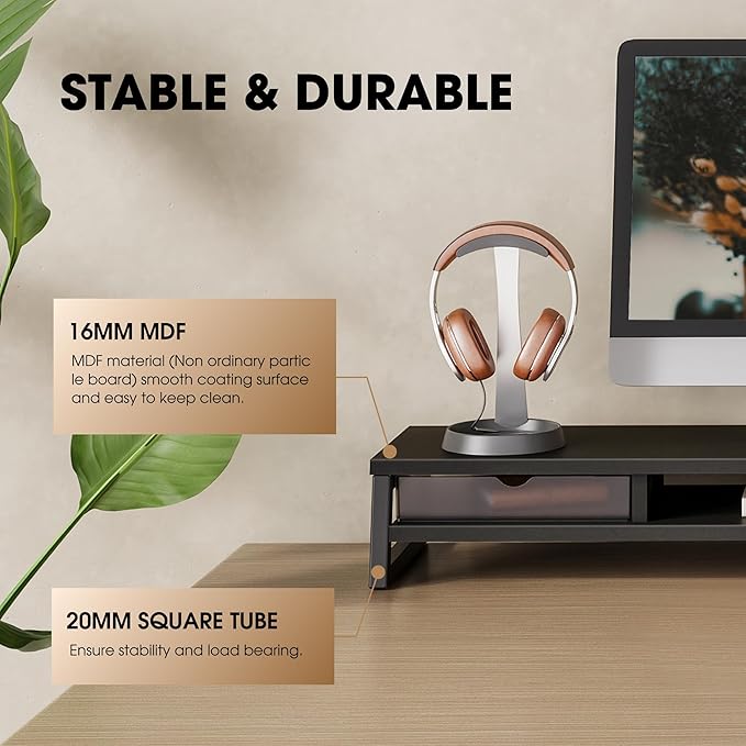 Fenge Dual Monitor Stand, Monitor Riser with Drawer, 42.5 Inch Large Computer Monitor Stand for 2 Monitors, 2 Tier Wooden Desk Shelf for Top of Desk-DeskLoop Office