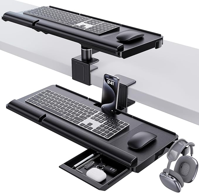 Klearlook Upgraded Adjustable Keyboard Tray for Above Desk & Under Desk Use - Ergonomic Sit-Stand Keyboard Riser with 360° Rotation, 24.4"×10" Keyboard Stand with Wrist Rest & Storage Drawer - Black-DeskLoop Office