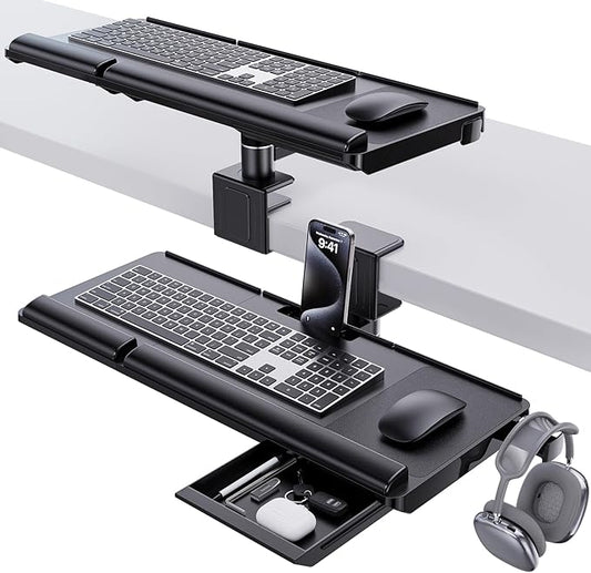 Klearlook Upgraded Adjustable Keyboard Tray for Above Desk & Under Desk Use - Ergonomic Sit-Stand Keyboard Riser with 360° Rotation, 24.4"×10" Keyboard Stand with Wrist Rest & Storage Drawer - Black-DeskLoop Office
