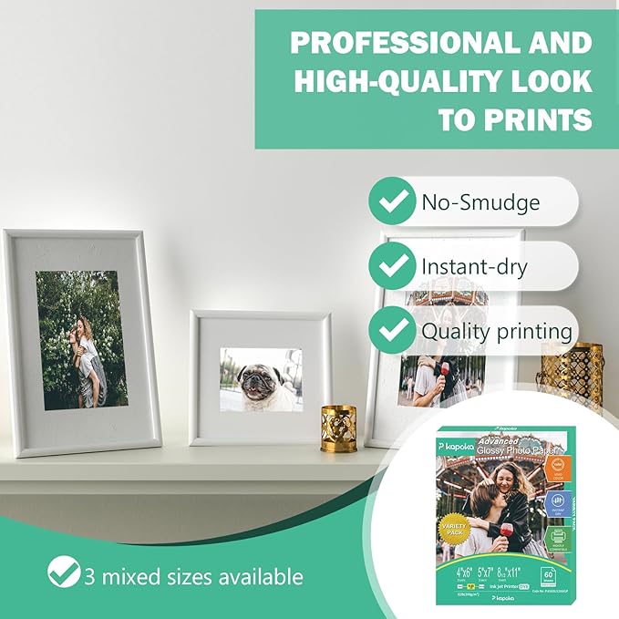 Glossy Photo Paper 4x6, 5x7, 8.5x11, 60 Variety Pack Bulk, Assorted Sizes, Inkjet printer, 52lb/200gsm-DeskLoop Office