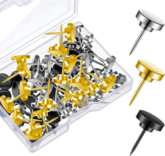 Shimeyao 30 Pieces Push Pins, Metal Thumb Tacks for Picture Photo Hanging, Wall Pins for Board Posters Bulletin Maps, Wall Tack for Office Home Decorative (Gold,Black,Silver)-DeskLoop Office