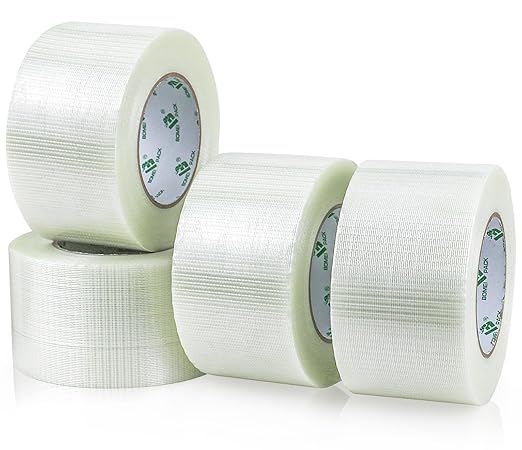 BOMEI PACK Fiber Reinforced Packing Tape 3 inch, Wide Clear Heavy Duty Bi Directional Filament Strapping Tape 3Inch x 55yds 6.7Mil, Total 4Rolls 220yds-DeskLoop Office