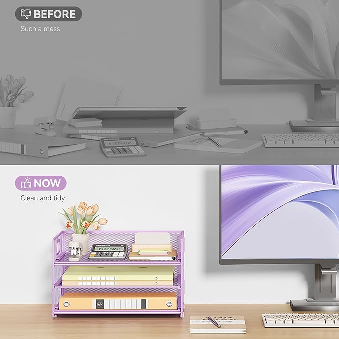 Subekyu 3 Tier Letter Tray Paper Organizer with Handle and 1 PC Sliding Tray, Purple Metal Mesh Desk File Folder Paper Sorter Organizer for Home Office School Desk Supplies Organization Storage-DeskLoop Office