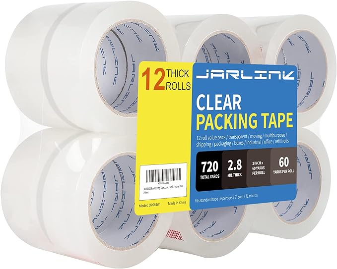 JARLINK Clear Packing Tape (12 Rolls), Heavy Duty Packaging Tape for Shipping Packaging Moving Sealing, Stronger & Thicker 2.8mil, 2 inches Wide, 60 Yards Per Roll, 720 Total Yards-DeskLoop Office