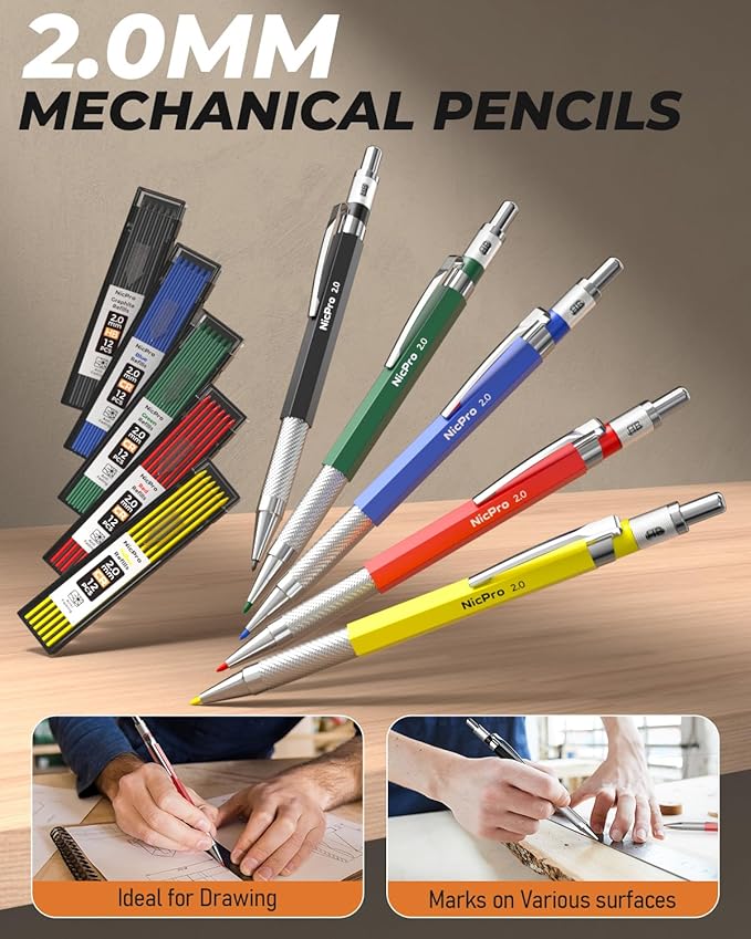 Nicpro 27 Pack Carpenter Pencils for Woodworking, Construction Mechanical Pencil with 100 Refill, Automatic Center Punch and Carbide Scribe Carpenter Tool, Construction Pencil for Carpenters Marking-DeskLoop Office