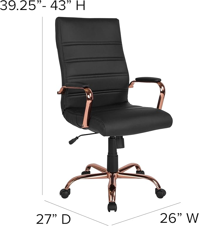 Flash Furniture Whitney High-Back Swivel LeatherSoft Desk Chair with Padded Seat and Armrests, Adjustable Height Padded Office Chair, Black/Rose Gold-DeskLoop Office