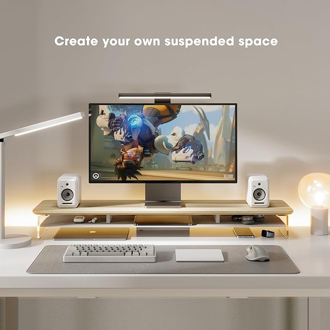 Fenge Acrylic Monitor Stand Riser, 42.5 Inches Dual Monitor Stand with Metal Storage, 2 Tier Acrylic Computer Riser for Desk, Clear Laptop Stand for PC, Laptop, Printer, TV, Oak-DeskLoop Office