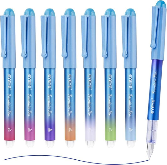 EYEYE Disposable Fountain Pens for Writing, Medium Point Stainless Steel Nib, Pack of 8 Assorted Colors-DeskLoop Office