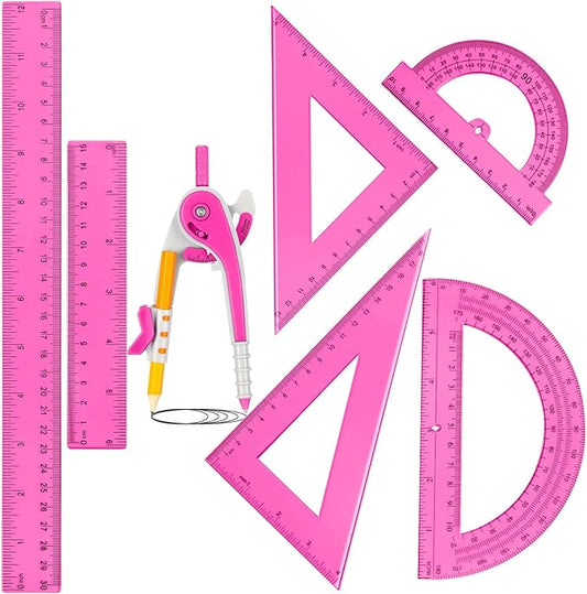 Zonon 1 Set Plastic Geometry Math Set 7 Pcs Includes 6'' / 4 '' Protractor, Drawing Compass, 45/60 Degree Triangle Rulers, 12'' / 6'' Math Ruler Transparent for Office Supplies(Pink)-DeskLoop Office