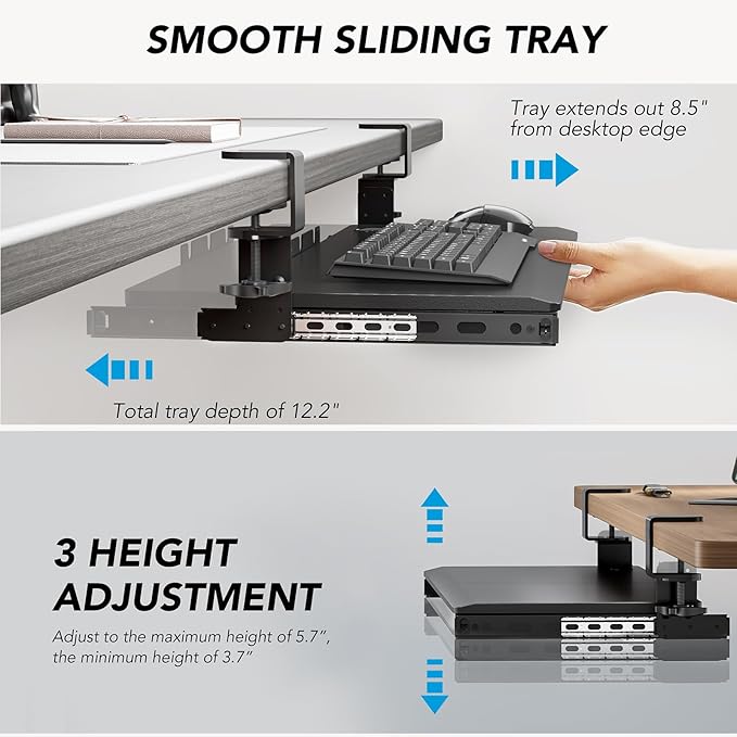 Keyboard Tray Under Desk Pull Out with Extra Sturdy C Clamp Mount System, 27.3 (32.5 inch Including Clamps) x 11 Inch Slide-Out Platform Computer Drawer for Typing Black AX01WB01-DeskLoop Office