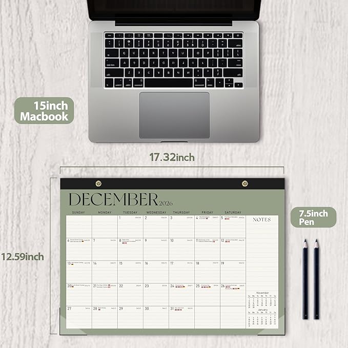 Calendar 2025-2026, Monthly Desktop Large Calendar (July 2025 - December 2026) Desk Wall Planner for Family Office Teacher School, 17" x 12" Green-DeskLoop Office