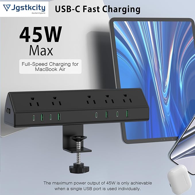 45W Fast Charging Station,Desk Clamp Power Strip,4 PD USB-C Ports,5 AC Outlets,Surge Protector Power Strip, 14AWG Heavy Duty Cord, Fits 1.9" Tabletop Edge (Black, 15 FT Cable)-DeskLoop Office