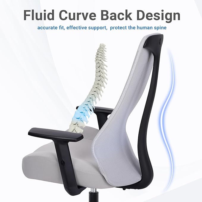 HYLONE Office Chair, 5" Thickened Seat Ergonomic Desk Chair with Adjustable Armrests, Home Office Computer Chairs for Long Hours Mesh Executive Chair(Black Base&Grey)-DeskLoop Office