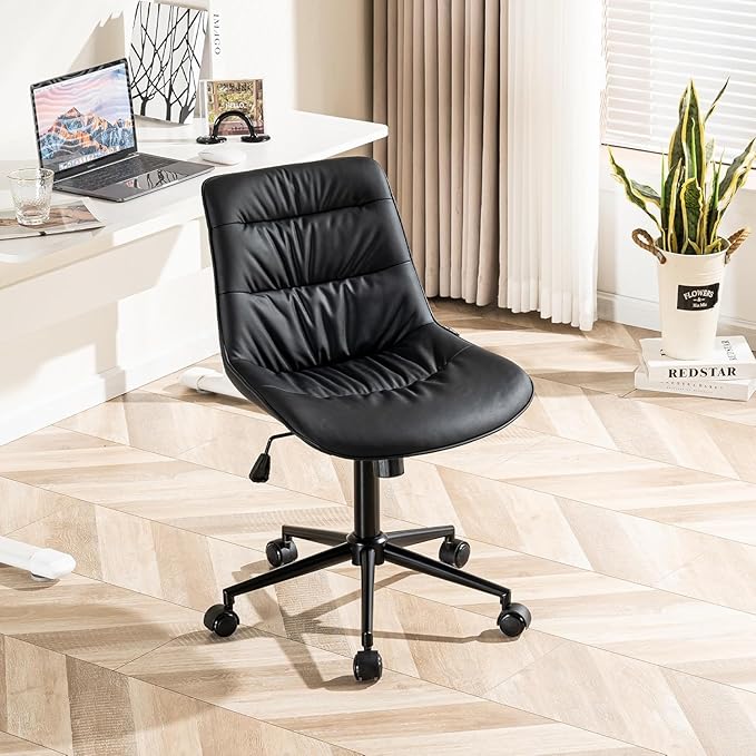 Kidol & Shellder Faux Leather Office Chair, Adjustable Swivel Height Task Chair, Rolling Wheels & Soft Backrest - Armless Ergonomic Desk Chair for Home, Office,Vanity,Gaming(Black)-DeskLoop Office