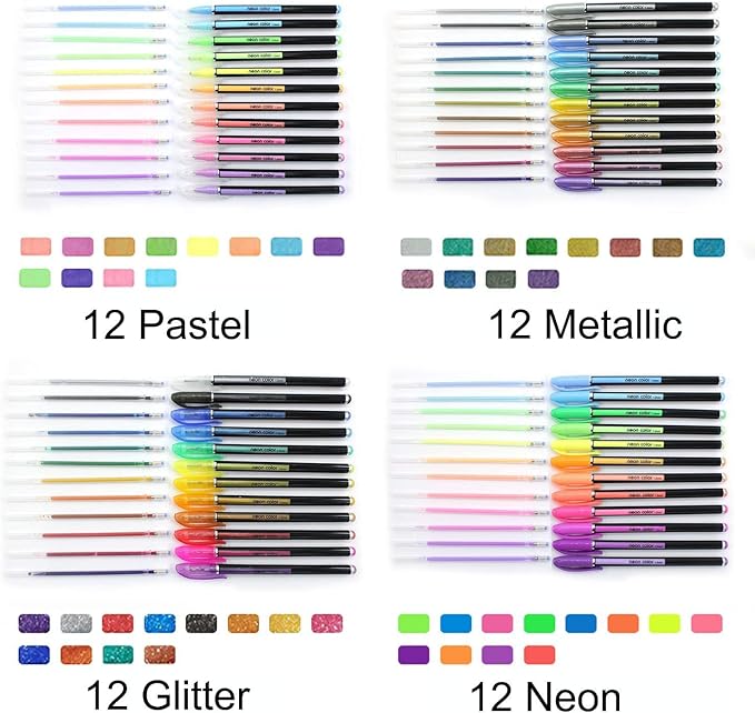 Lemical 48pcs Gel Ink Pens - 4 Types (12 Pastel, 12 Neon, 12 Metallic, 12 Glitter) Colors Drawing Pens for Greeting Cards, Coloring Books, Office Art-DeskLoop Office