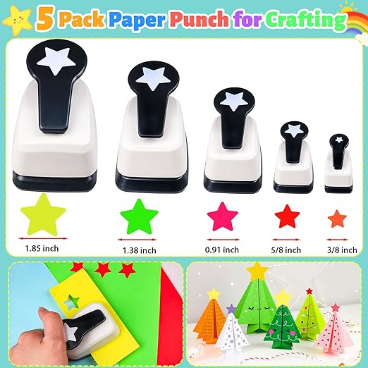 Star Hole Punch, Star Punches for Paper Crafts, Stars Paper Puncher Shape, 1 inch Stars Punch for Crafting, Large Hole Puncher, Scrapbook Punches 2 in, 1.5 in, 1 in, 5/8 in, 3/8 in - 5 Pcs-DeskLoop Office