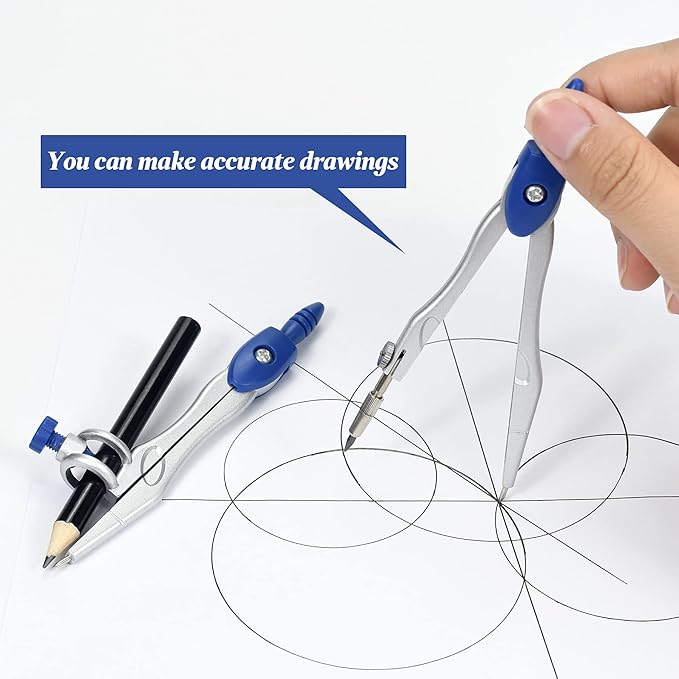 Math Geometry Kit Sets 10 Piece Student Supplies with Shatterproof Storage Box,Includes Rulers,Protractor,Compass,Eraser,Pencil Sharpener,Lead Refills,Pencil,for Drafting and Drawings(Navy blue)-DeskLoop Office