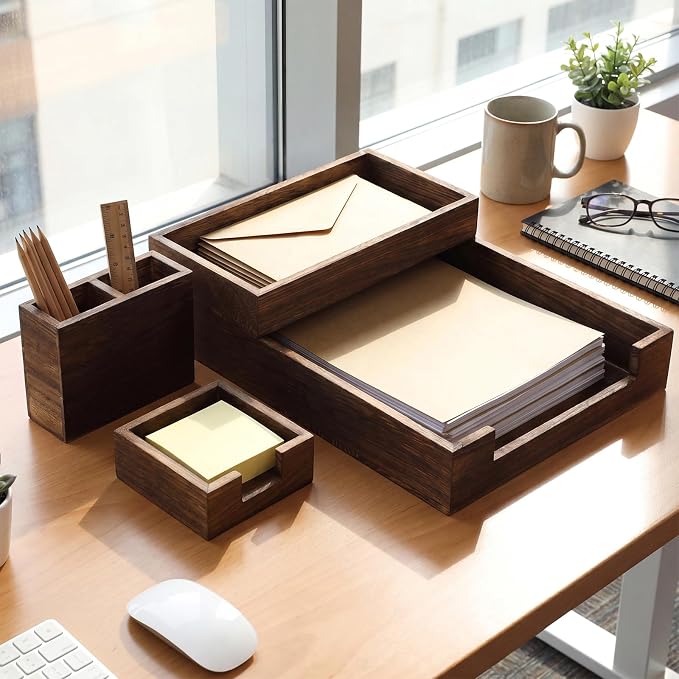 4 Pack Wood Office Supplies Desk Organizer Set - Image 8
