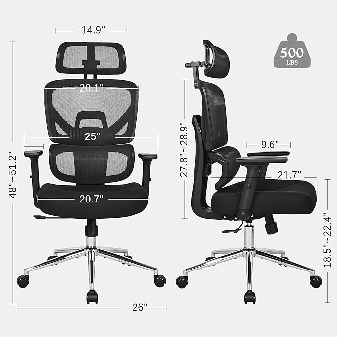 VECELO High Back Ergonomic Office Chair, Big and Tall Mesh Desk Chair with Wheels, Tilt Function, 3D Armrests & Headrest, Lumbar Support, Swivel Rolling Computer Chair for Task, Home Office, Black-DeskLoop Office