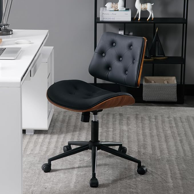 Armless Home Office Chair with Wheels, PU Leather Adjustable Height Computer Desk Chair, 360 Swivel Small No Arms Chair, Modern Button Walnut Style for Office, Reading Meeting Room(Black)-DeskLoop Office