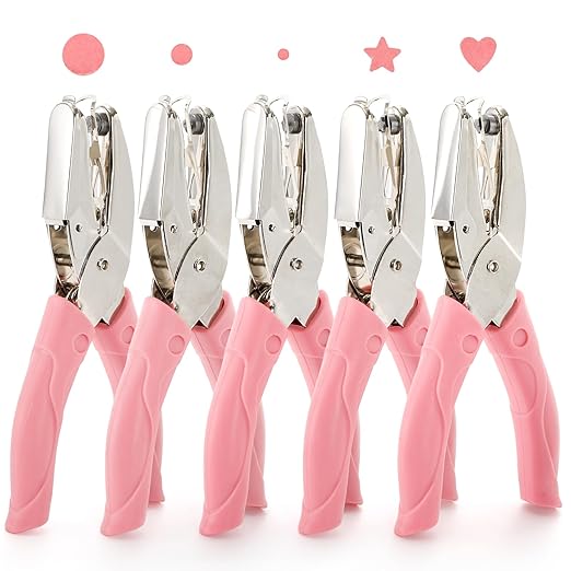 Jucoan 5 Pack Single Hole Punch Metal Handheld Small Hole Puncher with Soft Grip, Star Heart Circle Shape Paper Puncher for DIY Craft Tags Greeting Cards Scrapbook, 1/4, 1/8, 1/16 Inch Hole Punch-DeskLoop Office