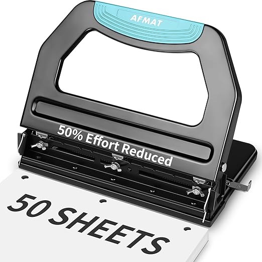 AFMAT Heavy Duty 3 Hole Punch, 50-Sheet, 50% Reduced Effort, Adjustable Two & Three Hole Punch, Metal Paper Puncher w/Large Chip Tray, Metal Paper Guide, Black-DeskLoop Office