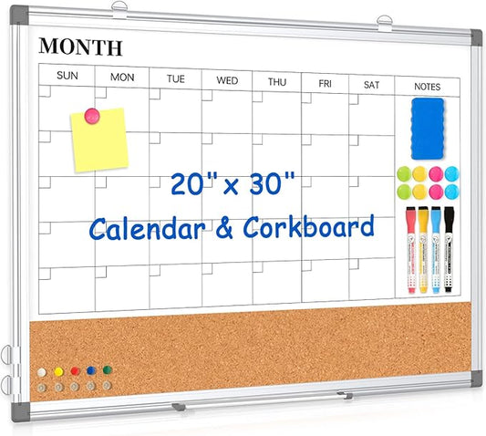 Monthly Calendar Whiteboard Dry Erase Cork Board Combo for Wall, 30" x 20" Magnetic Double-Sided Calendar White Board and Bulletin Board, Portable Board for Office, Kitchen, School, Home, Dorm-DeskLoop Office