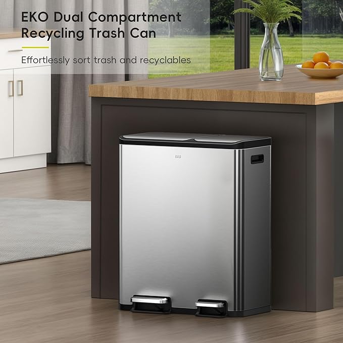 EKO EcoCasa Stainless Steel Dual Step Trash Can for Recycling, 30L+20L Rectangular Kitchen Trash Can, Independent Pedals and Lids, Soft Close and Fingerprint Resistant-DeskLoop Office