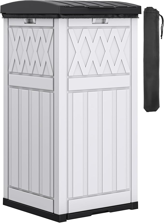 DWVO 36-Gallon Outdoor Trash Can with Fabric Bag, Tiered Lid & Drip Tray, Waterproof Resin Garbage Bin for Patio, Deck, and Backyard, White & Black-DeskLoop Office