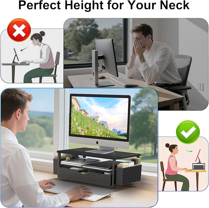 Desk Organizer and Accessories, Computer Monitor Stand Riser with Drawer and 2 Pen Holders, Office Desk Accessories & Workspace Organizers for Office Supplies (Black)-DeskLoop Office