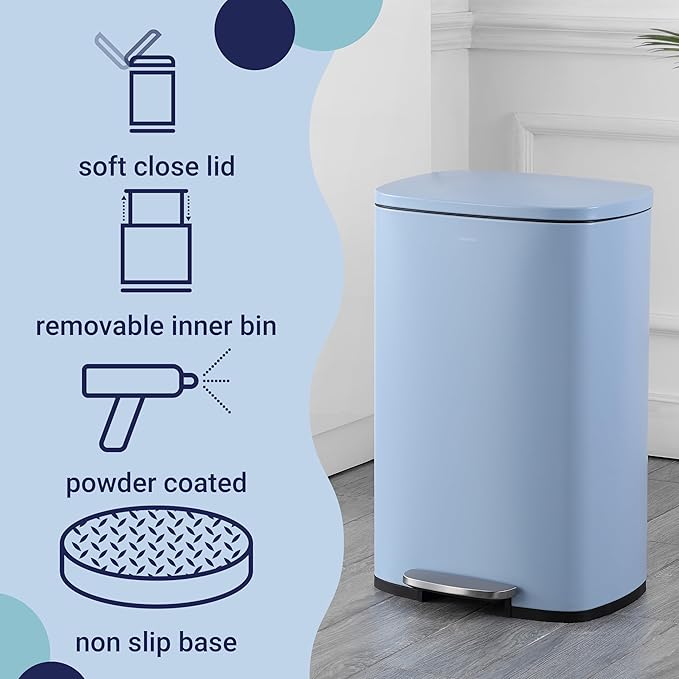happimess HPM1006H Connor Rectangular 13-Gallon Trash Can with Soft-Close Lid and Free Mini Trash Can, Fingerprint Resistant, Modern, Minimalistic for Home, Kitchen, Office, Bathroom, Tide Pool Blue-DeskLoop Office