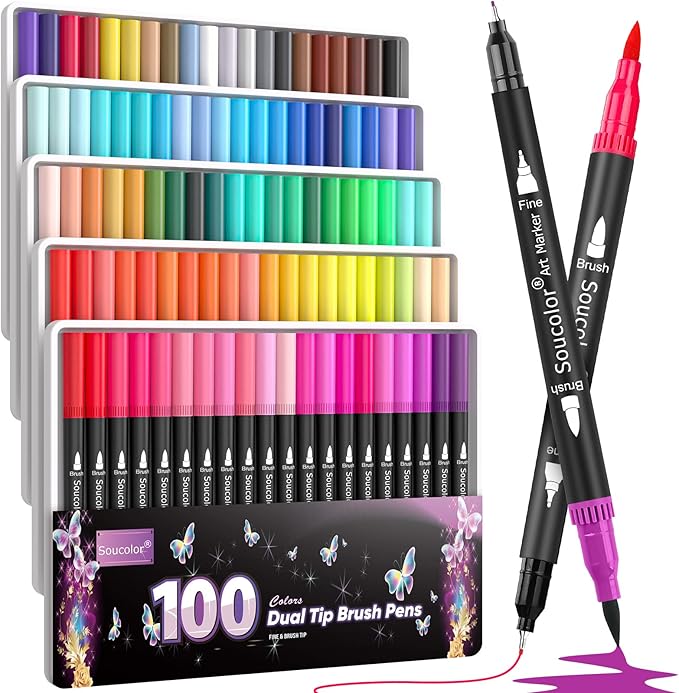 Soucolor Gifts for Teen Girls, Aesthetic Cute Preppy Stuff School Supplies, Teen Girl Gifts, Art Kits for Girls Ages 6-14, 100 Colors Dual Tip (Brush and Fine Point) Markers Pens for Mothers Day Gift-DeskLoop Office