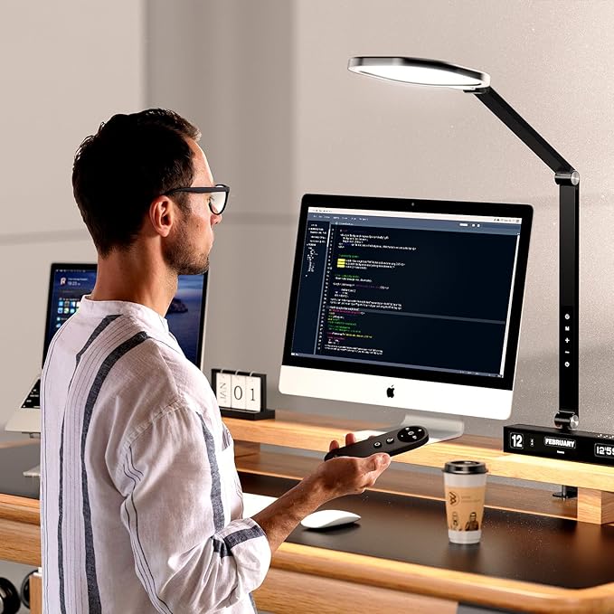 Led Desk Lamps for Home Office, Eye-Care Architect Light with Clamp, Dimmable Zoom Lighting with 3 Color Modes & 10 Brightness, Smart Computer Ring Light for Video Calls, Conference, Reading-DeskLoop Office