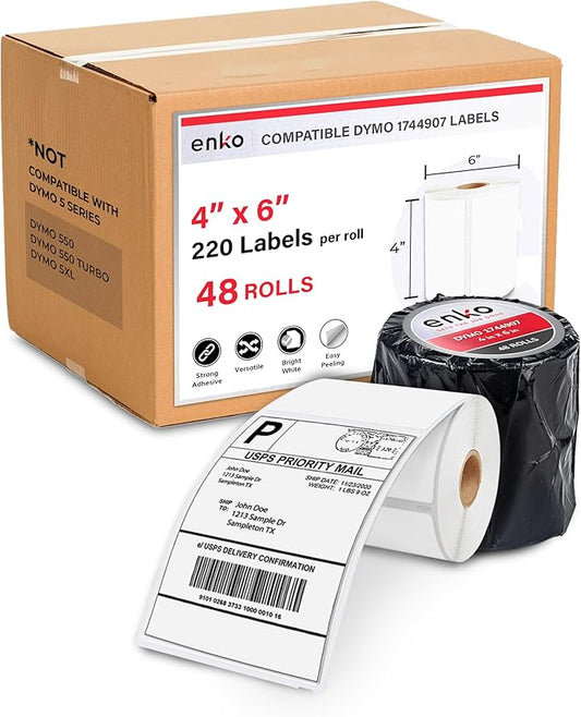 enKo Dymo 4XL Labels 4 x 6 1744907 Compatible for Dymo Labelwriter 4XL Shipping Label Thermal Printer (48 Rolls, 10,560 Labels)-DeskLoop Office