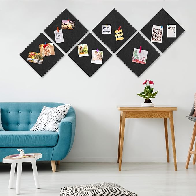 AKTOP Cork Board Bulletin Board 12x12, 1/2" Thick Felt Cork Board Tiles 6 Pack, Small Square Pin Board for Wall, Self Adhesive Corkboards with 60 Push Pin Wood Clips for School, Home & Office, Black-DeskLoop Office