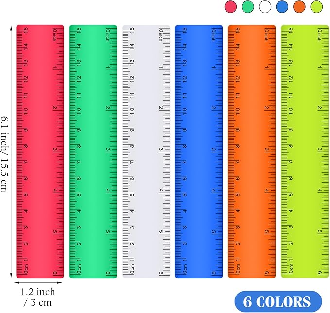 Zonon 6 Pcs 6 Inch Ruler Bulk Colorful Plastic Flexible Straight Metric Rulers with Centimeters and Inches Drafting Measuring Tool for Classroom School Students Education-DeskLoop Office