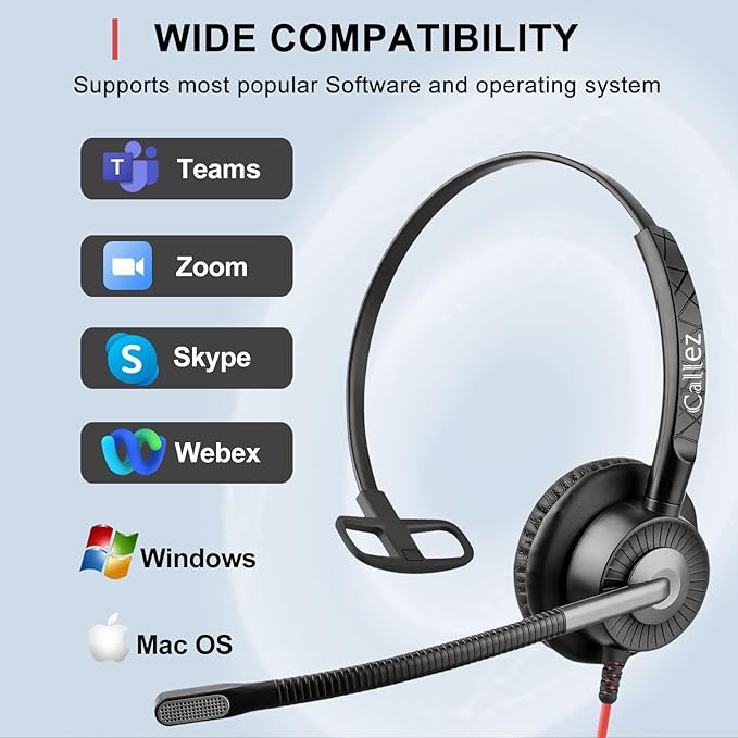 Callez USB Headset with Mic, Computer Headset with ENC Dual Noise Cancelling Microphone & MS Teams Call Button, Wired Mono Headphones for PC Laptop Mac Teams Zoom Home Office Work-DeskLoop Office