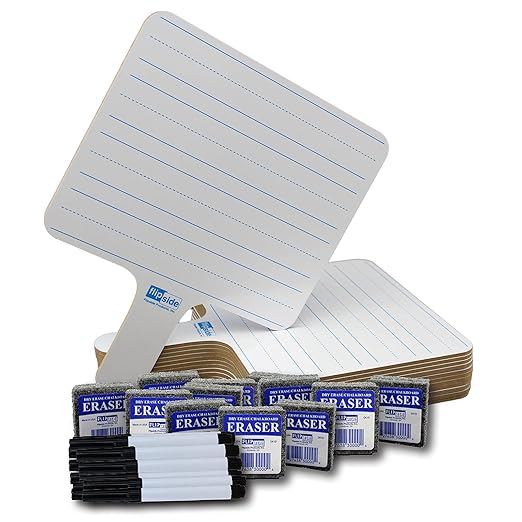 Flipside Products - 7.75" x 10" Two-Sided (Lined Side/Blank White Side) Rectangular Dry Erase Writing Answer Paddles, 12 Pack + Black Markers + Erasers-DeskLoop Office