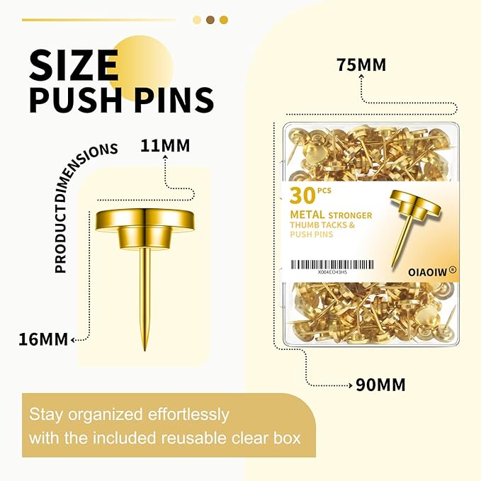 30 PCS Metal Gold Push Pins for Wall Clear Thumb Tacks for Walls Flat thumbtacks Push pin for Bulletin Board Shadow Box Display Thumbtack for Cork Board (Gold)-DeskLoop Office
