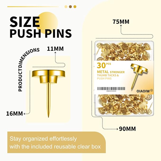 30 PCS Metal Gold Push Pins for Wall Clear Thumb Tacks for Walls Flat - Image 6
