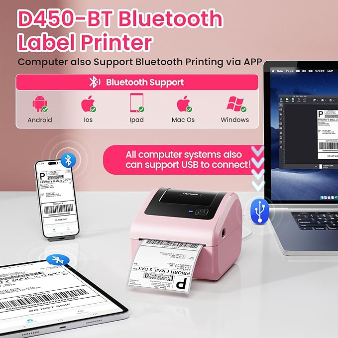 Bluetooth Thermal Label Printer 4x6 - D450BT Shipping Label Printer for Small Business, Shipping Packages, Office, Home, Compatible with Ebay, USPS, Shopify, Amazon-DeskLoop Office