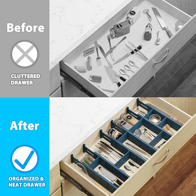 6 Pack Bamboo Drawer Dividers with 12 Inserts, Expandable Adjustable Clothes Drawer Organizers and Storage from 17" to 22" for Kitchen, Bedroom, Dresser, Cosmetics (Navy Blue)-DeskLoop Office