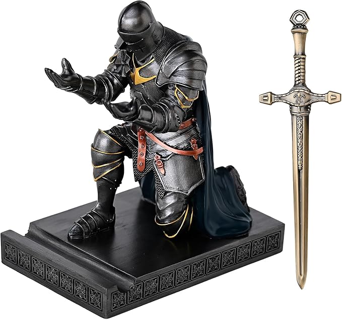Medieval Armored Warrior Wearing Outerwear, Mobile Phone Stand Knight Pen Holder Desk Organizers, Resin Bookends Paperweight with a Letter Opener for Desk (Iron&Green)-DeskLoop Office