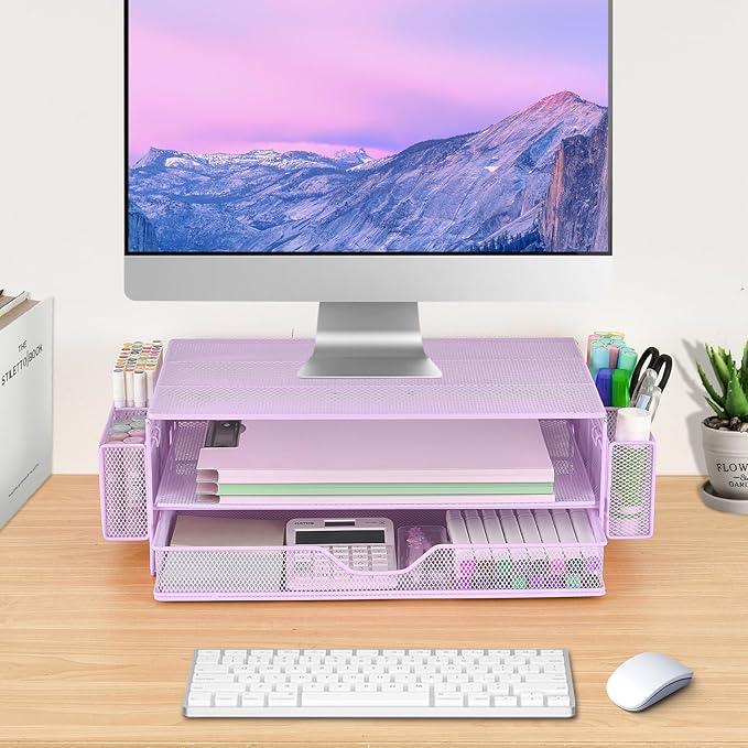 AUPSEN Computer Monitor Stands Riser,2-Tier Desk Organizers and Accessories, Office Desk Accessories Organizer with Drawers and 2 Pen Holder for Office Supplies (Purple)-DeskLoop Office