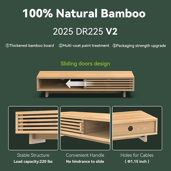 Monitor Stand Riser with Sliding Door, Computer Laptop Stand Desk Shelf Organizer with Storage (Natural Bamboo, 25 Inch)-DeskLoop Office