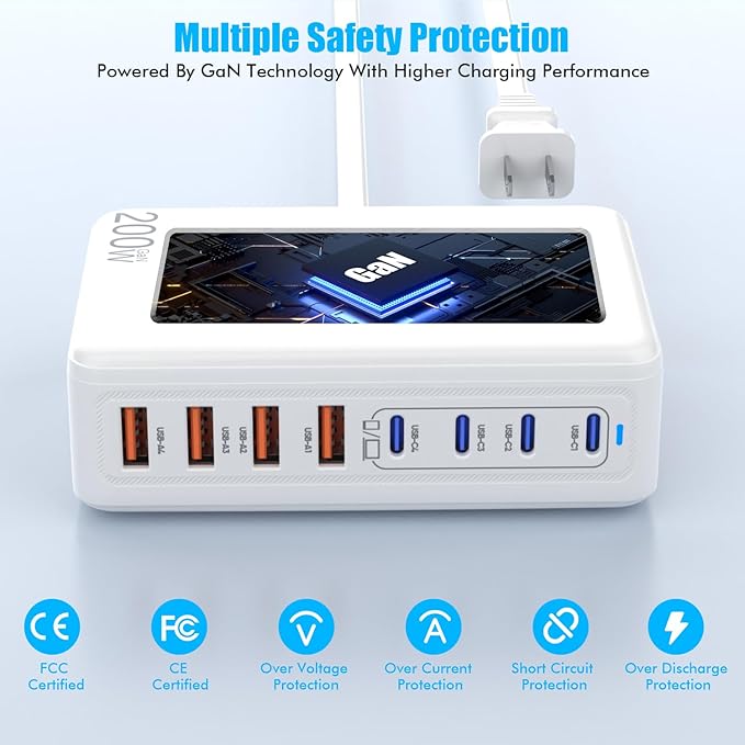 USB C Charger Block,200W GaN 8 Port USB C Charging Station USB Hub Block Cube Type C & USB A Wall Charger Power Adapter for Multiple Devices Apple iPhone 16/15/14,Steam Deck,MacBook Pro/Air,iPad Pro-DeskLoop Office