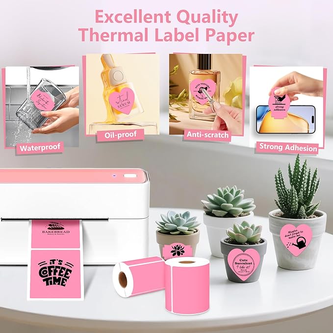 2 Rolls Pink Thermal Labels Personalized & Business Customized Label Stickers for Phomemo 241BT for MUNBYN 130B/RW402B Printers, 600Pcs Waterproof Shipping Label Sheet for Logo/Name/Thanks-DeskLoop Office